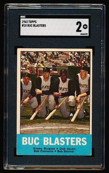 1963 Topps Baseball- #18 Buc Blasters- Burgess/ Stuart/ Clemente/ Skinner- SGC 2 (Good)