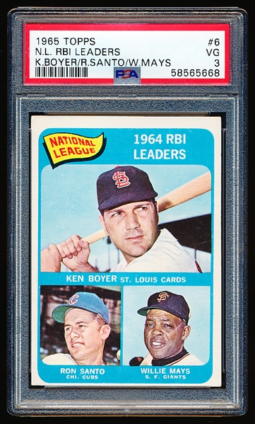 1965 Topps Baseball- #6 NL RBI Leaders- Ken Boyer/ Santo/ Mays- PSA Vg 3