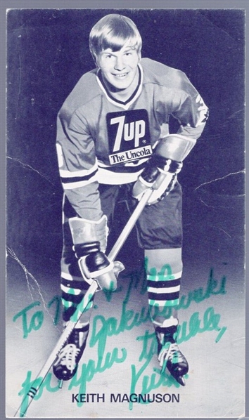 Autographed 1970s 7-Up NHL Keith Magnuson B/W 3-5/16" x 5-5/8" Cardboard Photo