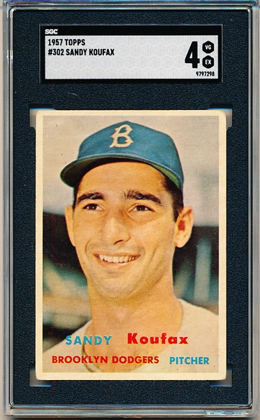 1957 Topps Baseball- #302 Sandy Koufax, Dodgers- SGC 4 (Vg-Ex)- Semi Hi#