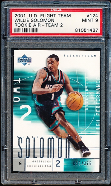 2001 U.D. Flight Team Bskt.- #124 Willie Solomon, Grizzlies- #53/375- PSA Graded MINT 9.