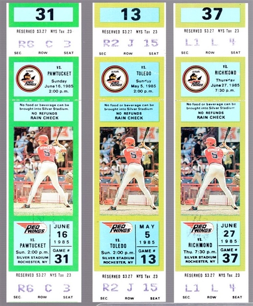1985 Rochester Red Wings MiLB- 3 Diff. Tickets Featuring Cal Ripken, Jr. with 2,131 Postal Cancellation Stamps on back of Tickets