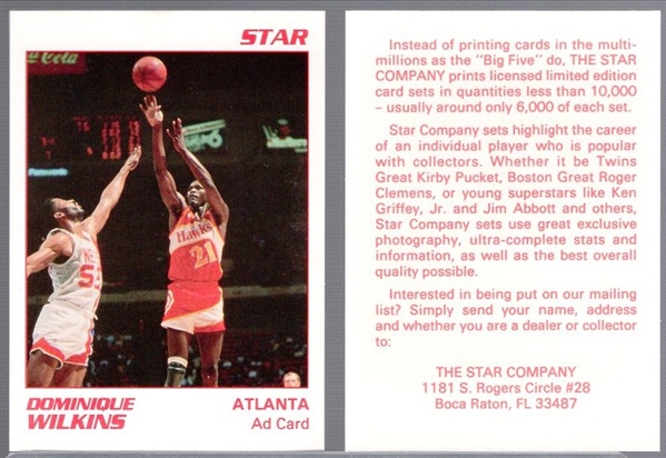 Early 1990s Star Co. Basketball- Dominique Wilkins, Atlanta- Ad Card- 220 Cards