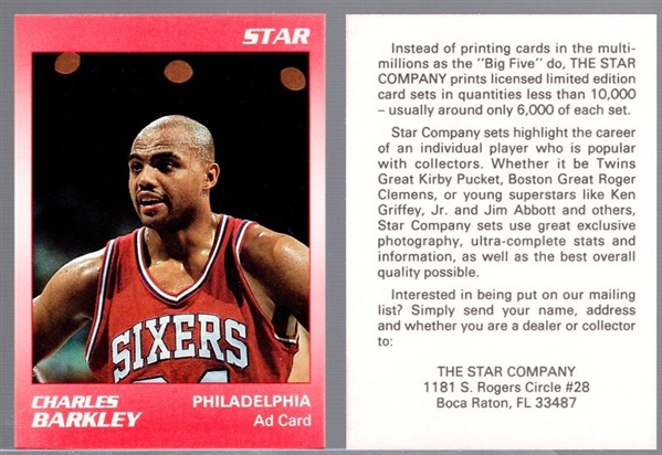 Early 1990s Star Co. Basketball- Charles Barkley Ad Card- 350 Cards