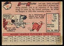 1958 Topps Baseball- #187 Sandy Koufax, Dodgers