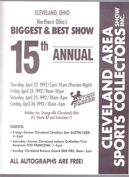 Autographed April 23-26, 1992 Cleveland Area Sports Collectors Program Bsbl.- Signed on the Inside by Tito Francona!