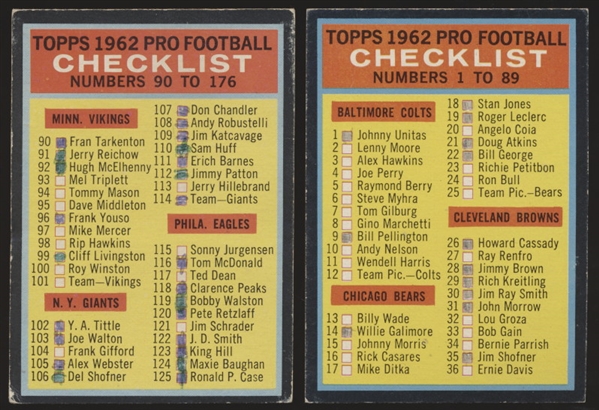 1962 Topps Ftbl.- 2 Diff. Checklists