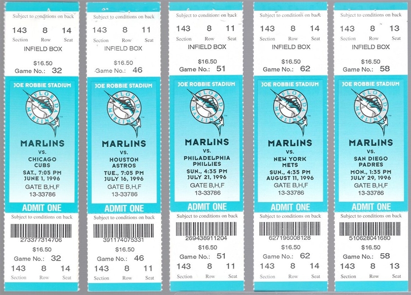 1996 Florida Marlins Bsbl.- 19 Asst. Tickets