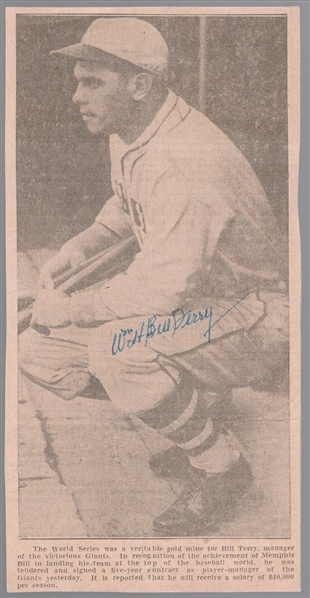 Autographed Bill Terry New York Giants MLB B/W 4" x 7-7/8" Newspaper Photo