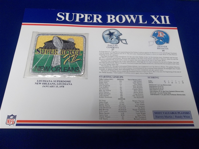 Super Bowl XII Willabee & Ward Patch- Cowboys 27 Broncos 10 @ New Orleans