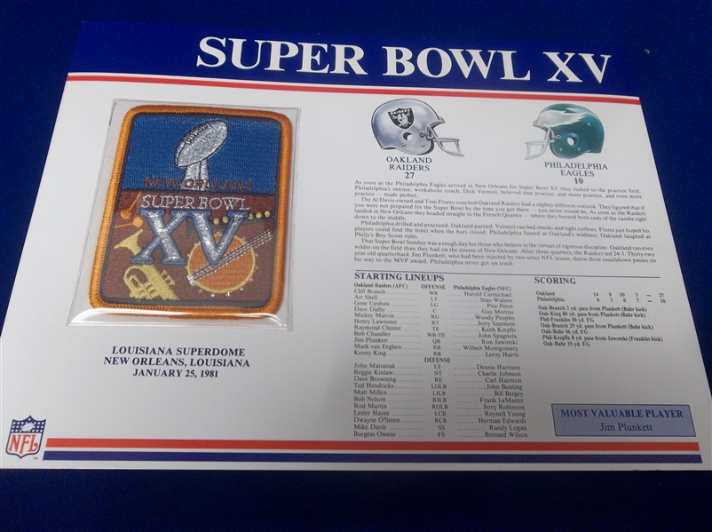 Super Bowl XV Willabee & Ward Patch- Raiders 27 Eagles 10 @ New Orleans