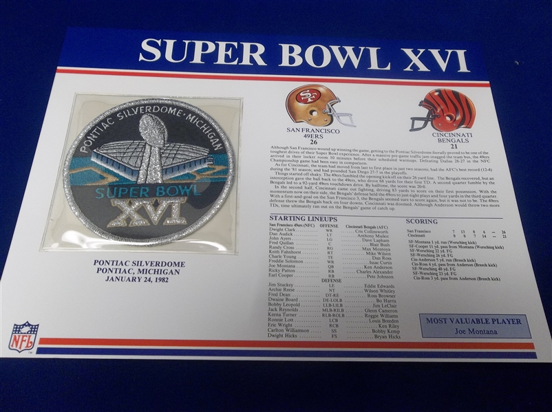 Super Bowl XVI Willabee & Ward Patch- 49ers 26 Bengals 21 @ Pontiac
