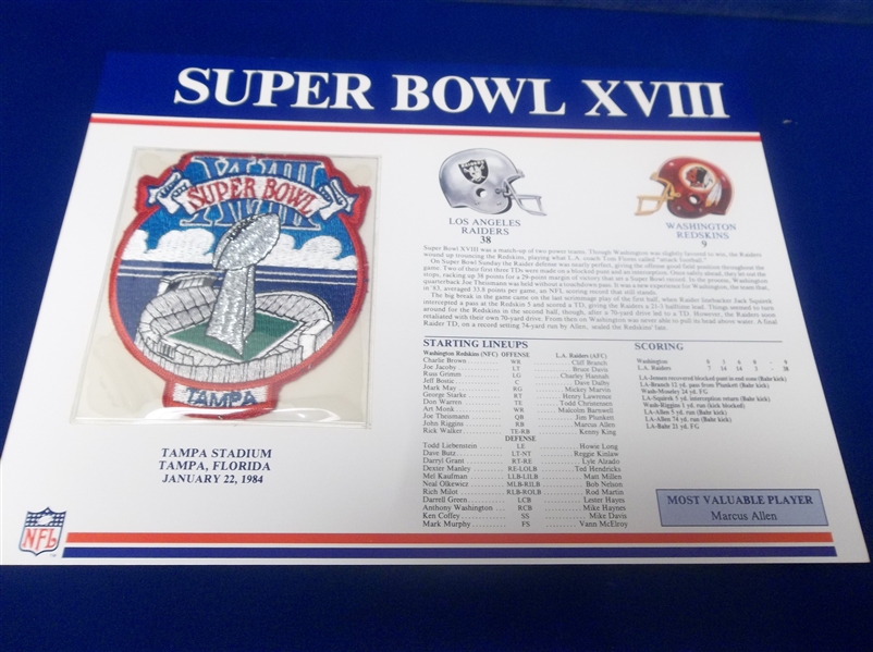 Super Bowl XVIII Willabee & Ward Patch- Raiders 38 Redskins 9 @ Tampa