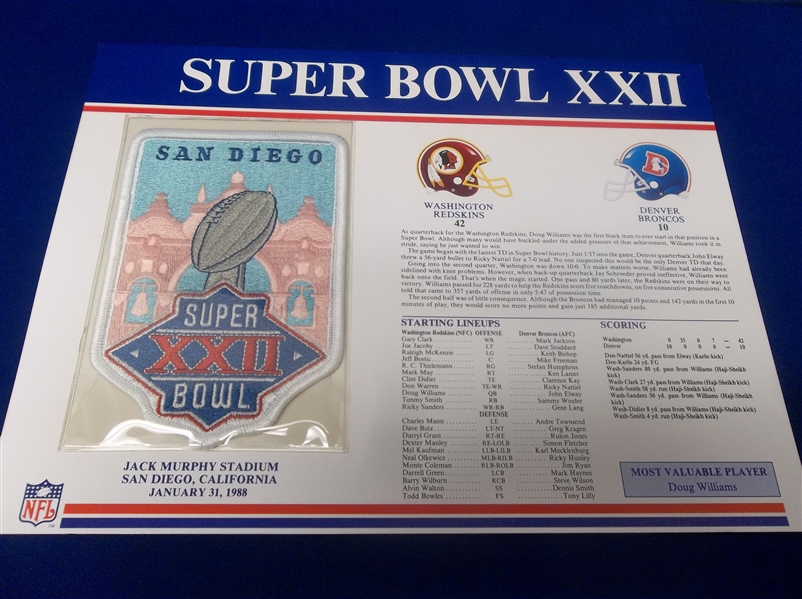 Super Bowl XXII Willabee & Ward Patch- Redskins 42 Broncos 10 @ San Diego