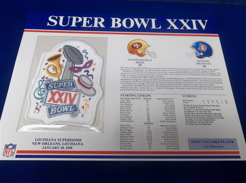 Super Bowl XXIV Willabee & Ward Patch- 49ers 55 Broncos 10 @ New Orleans