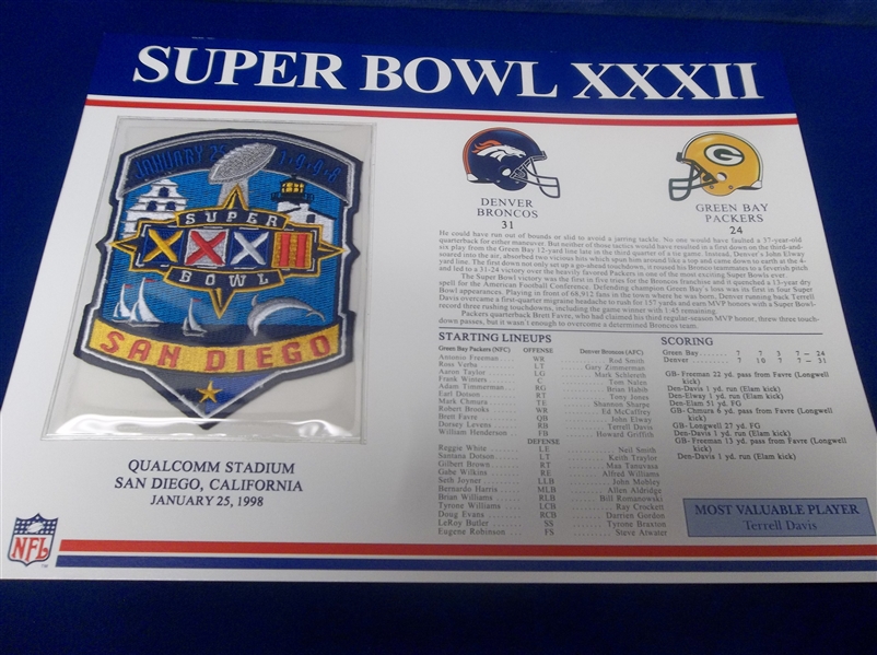 Super Bowl XXXII Willabee & Ward Patch- Broncos 31 Packers 24 @ San Diego
