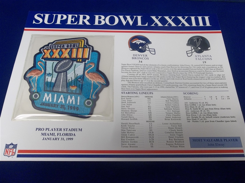 Super Bowl XXXIII Willabee & Ward Patch- Broncos 34 Falcons 19 @ Miami