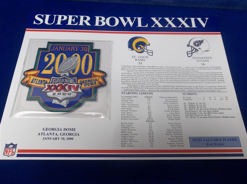 Super Bowl XXXIV Willabee & Ward Patch- Rams 23 Titans 16 @ Atlanta