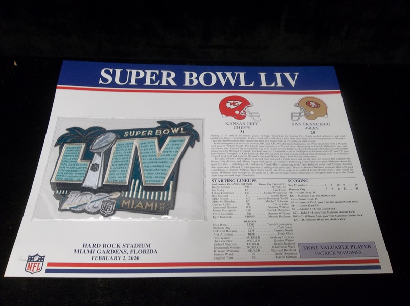 Super Bowl LIV Willabee & Ward Patch- Chiefs 31 49ers 20 @ Miami Gardens, FL.
