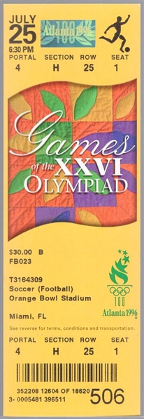 July 15, 1996 Olympic Games Ticket- Soccer @ the Orange Bowl- Brazil vs. Nigeria