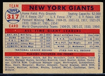 1957 Topps Baseball- #317 New York Giants- Semi Hi#
