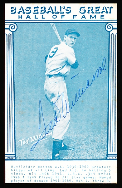 Autographed Ted Williams Re-Issued 1970s Exhibit “Baseballs Great Hall of Fame" 3-3/8" x 5-3/8" Card- JSA Certified
