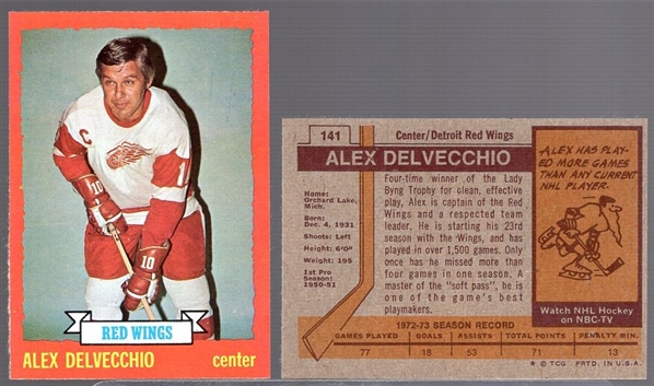 1973-74 Topps Hockey- #141 Alex Delvecchio, Red Wings- 12 Cards