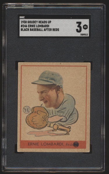1938 Goudey Heads Up Baseball- #246 E. Lombardi, Reds- Black Baseball After Reds Variation- SGC 3 (Vg)