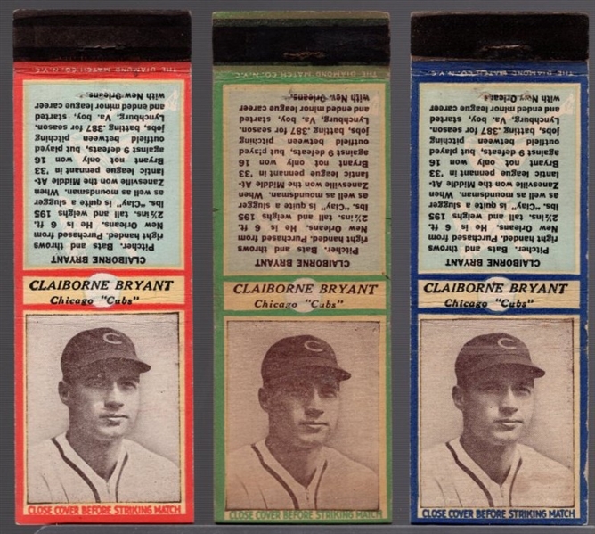 1935-36 Diamond Match- Baseball Match Covers- Clairborne Bryant, Cubs- 3 Diff