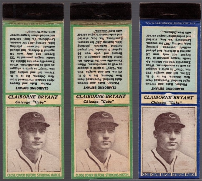 1935-36 Diamond Match- Baseball Match Covers- Clairborne Bryant, Cubs-3 Matchbook Covers