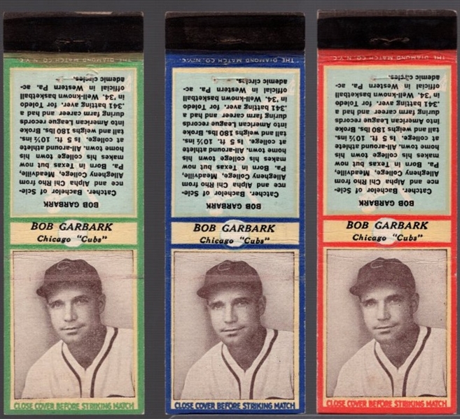 1935-36 Diamond Match- Baseball Match Covers- Bob Garbark, Cubs- 3 Diff