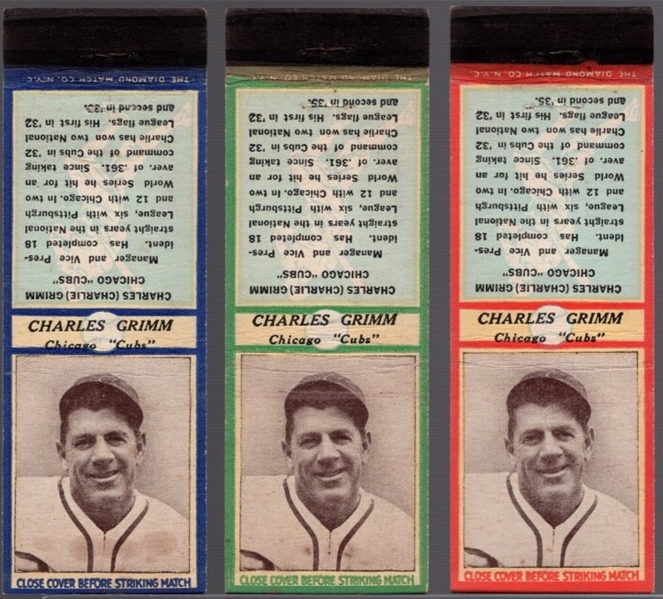 1935-36 Diamond Match- Baseball Match Covers- Charlie Grimm, Cubs- 3 Diff Colors