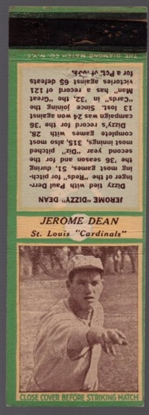 1936-37 Diamond Match- Baseball Match Covers- Dizzy Dean, Cardinals- Green Color